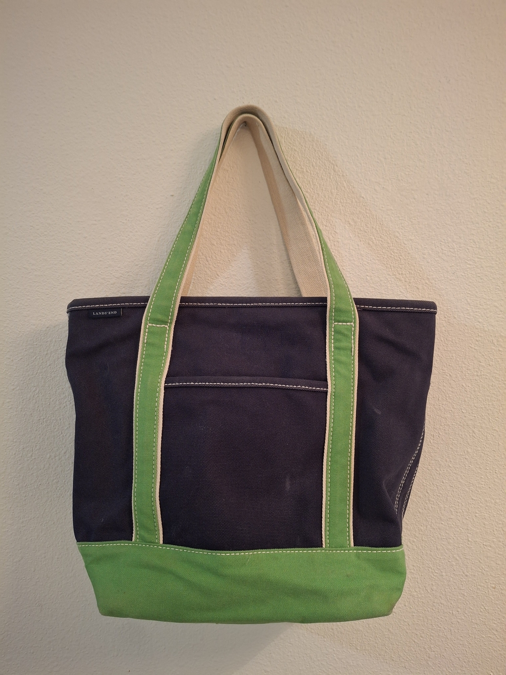Lands' End Zip Top Pocket Navy and Green Canvas Tote Bag